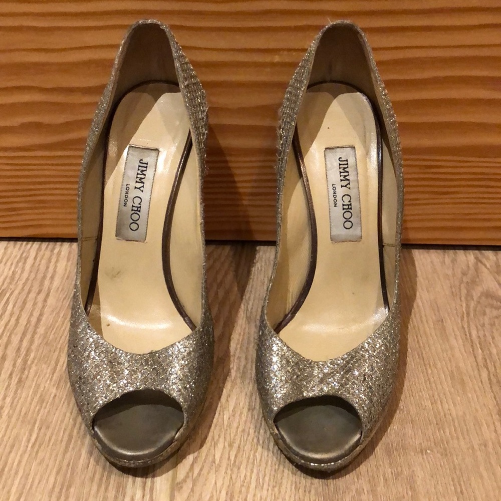 Jimmy Choo Animal Print Sparkly Open Toe Pumps